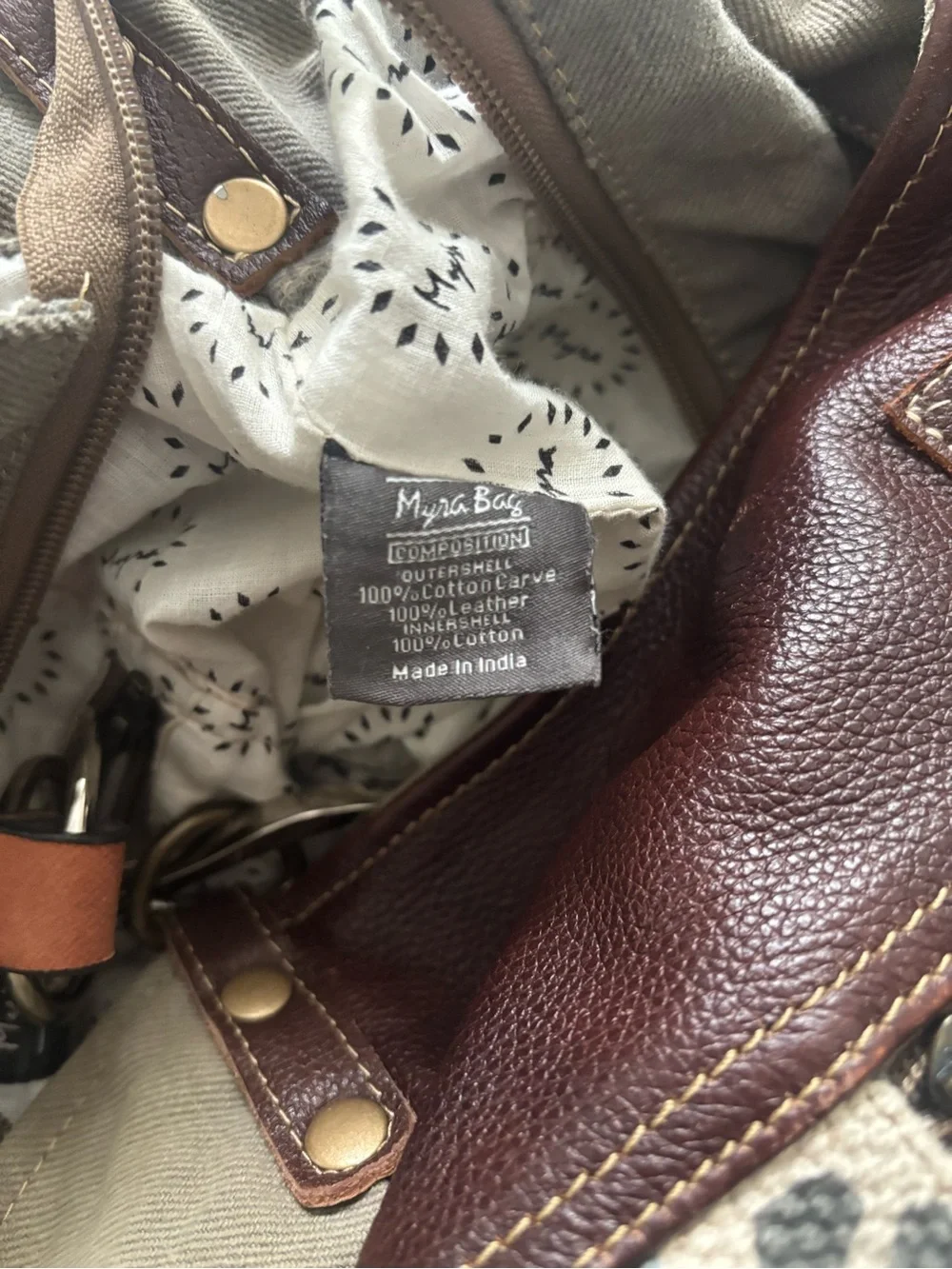 Myra Brown Leather & Ivory Patterned Hobo Canvas Crossbody Shoulder Bag